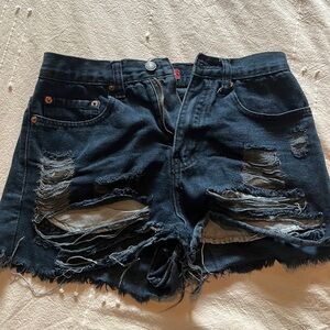 Black distressed denim shorts